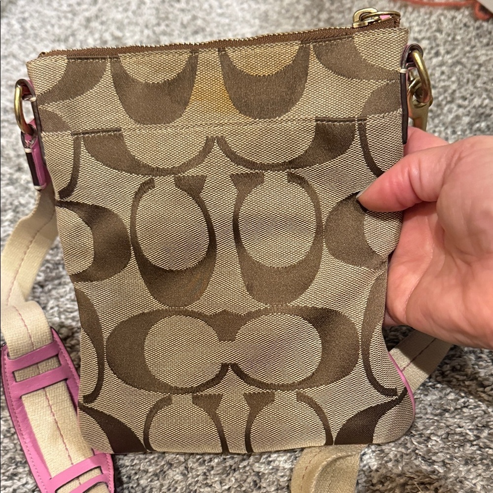 Coach Pink Tan Signature Crossbody Bag Hangtag purse designer handbag vintage - Picture 4 of 9
